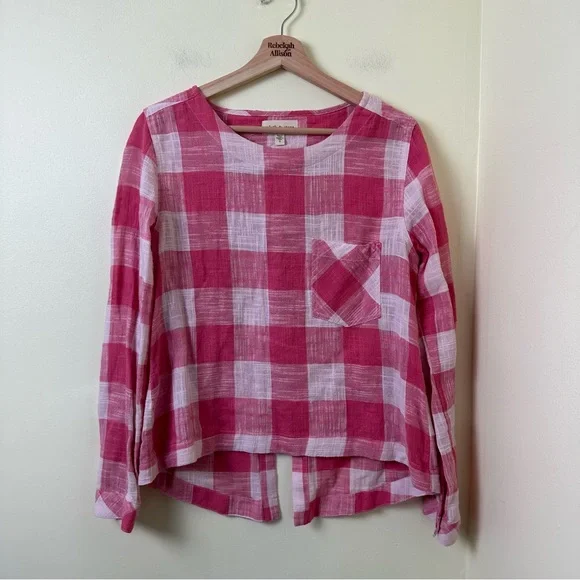 ANTHRO Cloth & Stone Pink Plaid Linen Blend Button Back Blouse SZ Small - Picture 2 of 9